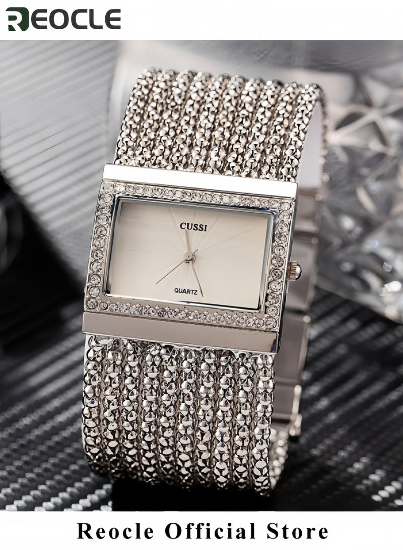 REOCLE Women's Luxury Quartz Wrist Watches Crystal Decorated Bezel Diamond Silver Alloy Square Wristwatches - Image 3
