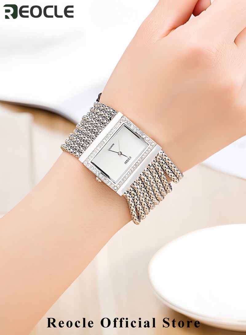 REOCLE Women's Luxury Quartz Wrist Watches Crystal Decorated Bezel Diamond Silver Alloy Square Wristwatches - Image 4