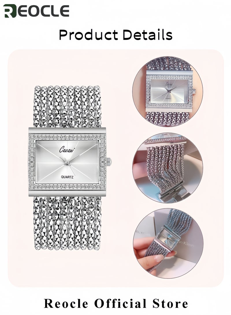REOCLE Women's Luxury Quartz Wrist Watches Crystal Decorated Bezel Diamond Silver Alloy Square Wristwatches - Image 5