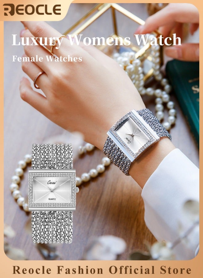 REOCLE Women's Luxury Quartz Wrist Watches Crystal Decorated Bezel Diamond Silver Alloy Square Wristwatches - Image 1