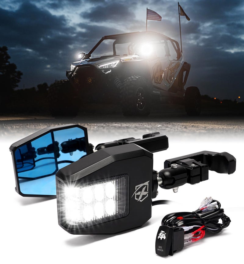 Xprite UTV Side View Mirrors Aluminum wLED Spot Lights Clear Lens Compatible with 1752 Roll Cage Bar for Pioneer Polaris RZR SXS Can Am X3 Kawasaki Teryx Mule Yamaha Rhino Wolverine