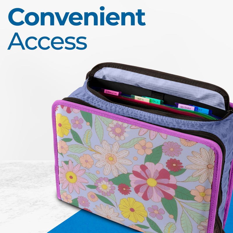 Case it Case-it Mighty Zip Tab School Zipper Binder | 3-Inch O-Rings, 600-Sheet Capacity, 5-Subject Expanding File Folder, Multiple Pockets & Storage Organizer, Shoulder Strap | D-146 Morning Flowers - Image 3