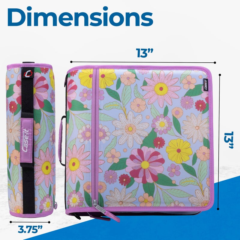 Case it Case-it Mighty Zip Tab School Zipper Binder | 3-Inch O-Rings, 600-Sheet Capacity, 5-Subject Expanding File Folder, Multiple Pockets & Storage Organizer, Shoulder Strap | D-146 Morning Flowers - Image 2