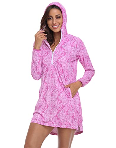 HDE Beach Coverups for Women UPF 50 Long Sleeve Swim Cover Up Dress with Hood Quick Dry Sun Protection Tunic with Pockets Pink Paisley - L - Image 2