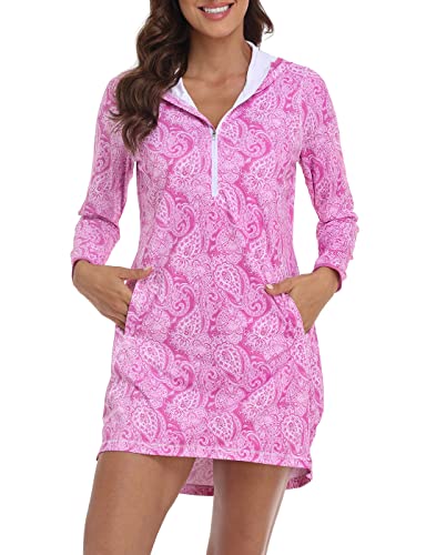 HDE Beach Coverups for Women UPF 50 Long Sleeve Swim Cover Up Dress with Hood Quick Dry Sun Protection Tunic with Pockets Pink Paisley - L - Image 3