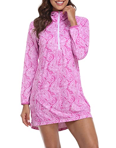 HDE Beach Coverups for Women UPF 50 Long Sleeve Swim Cover Up Dress with Hood Quick Dry Sun Protection Tunic with Pockets Pink Paisley - L - Image 5