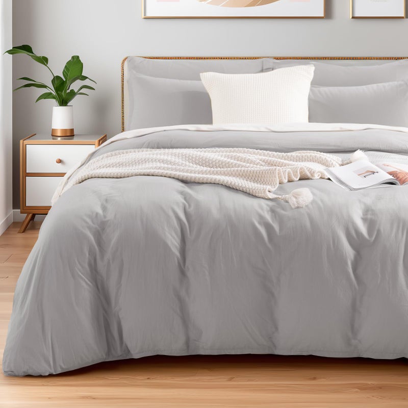 NEXHOME PRO Duvet Cover Set Queen Size Linen Feel Textured Organic Natural 100 Washed Cotton Duvet Cover 3 Pieces Bedding Set with Zipper Closure Breathable Soft Light Grey No Comforter