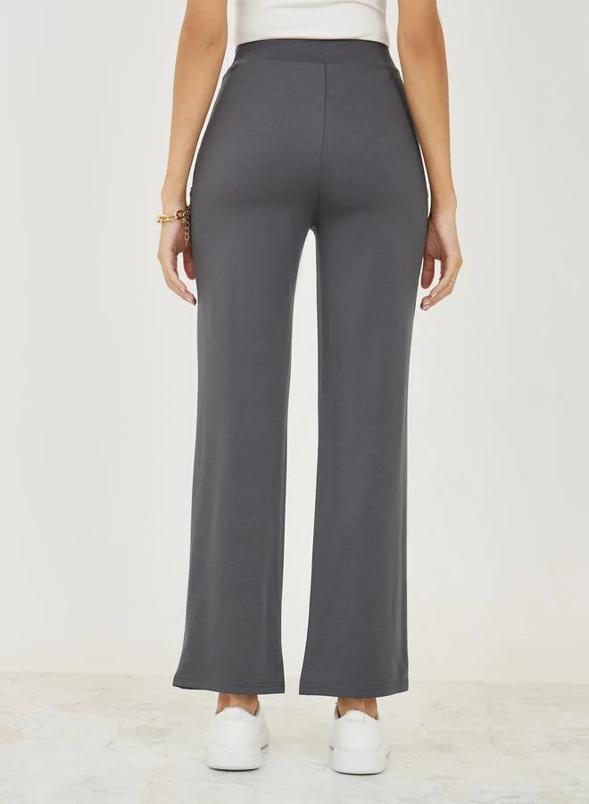 Styli Knitted Straight Leg Pants with Side Zip Detail