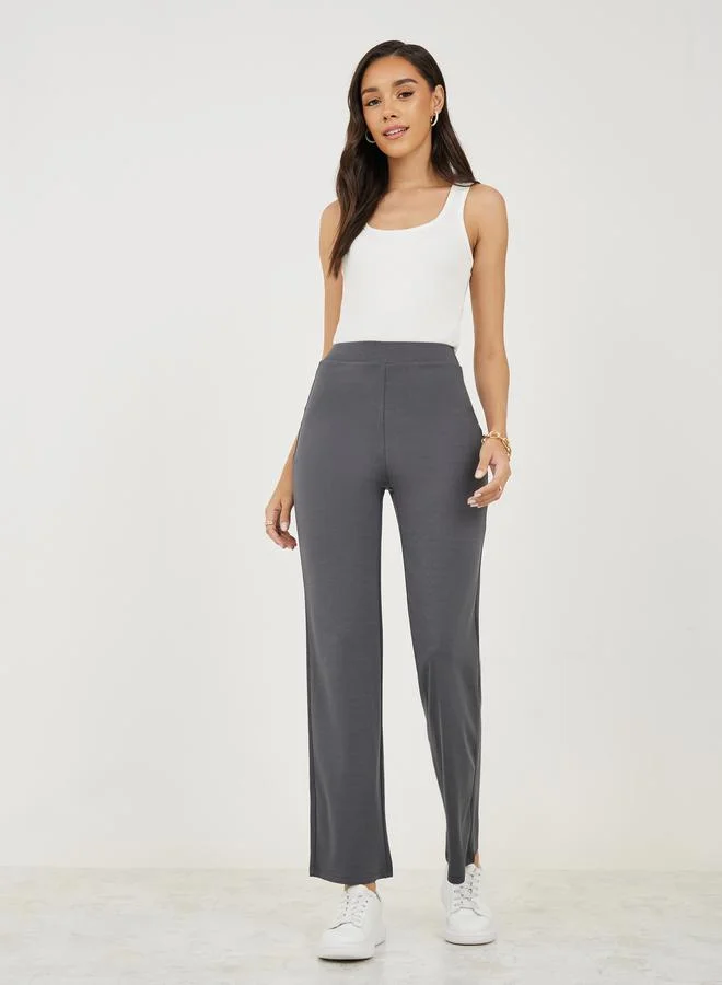 Styli Knitted Straight Leg Pants with Side Zip Detail