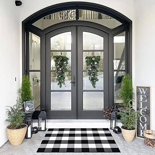 SEEKSEE Cotton Buffalo Plaid Rug 27.5"x43" Black and White Checked Rug Washable Doormats Indoor Outdoor Rugs for Layered Front Door Mats, Porch, Kitchen, Farmhouse, Entryway - Image 1