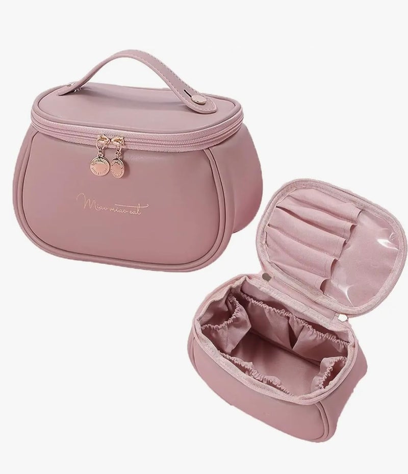 Darfelz Premium Cosmetic Organizer Makeup Makeup Box for Women Portable Makeup Pouch Makeup Organiser Large Capacity Travel PU Leather Cosmetic Brush Case Pink - Image 2
