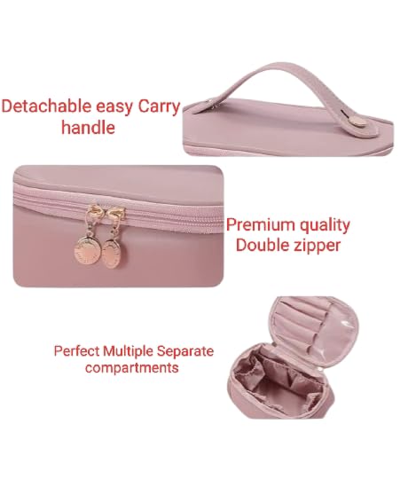 Darfelz Premium Cosmetic Organizer Makeup Makeup Box for Women Portable Makeup Pouch Makeup Organiser Large Capacity Travel PU Leather Cosmetic Brush Case Pink - Image 3