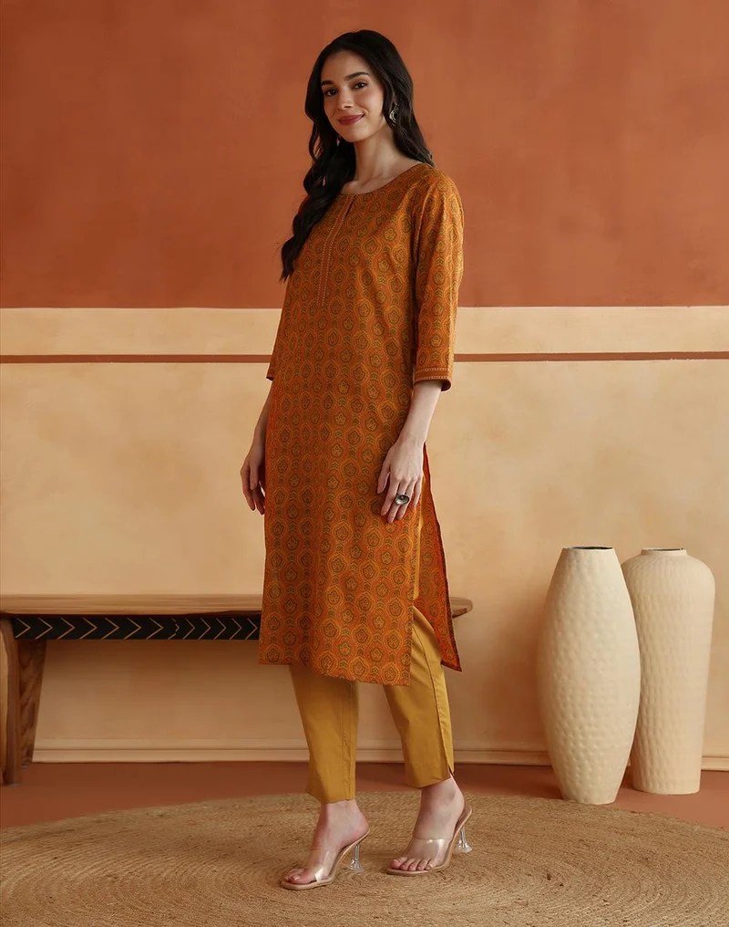 Fabindia  Avni Mustard Cotton Printed Abstract Kurta & Pant Set for Women | Best Price UAE