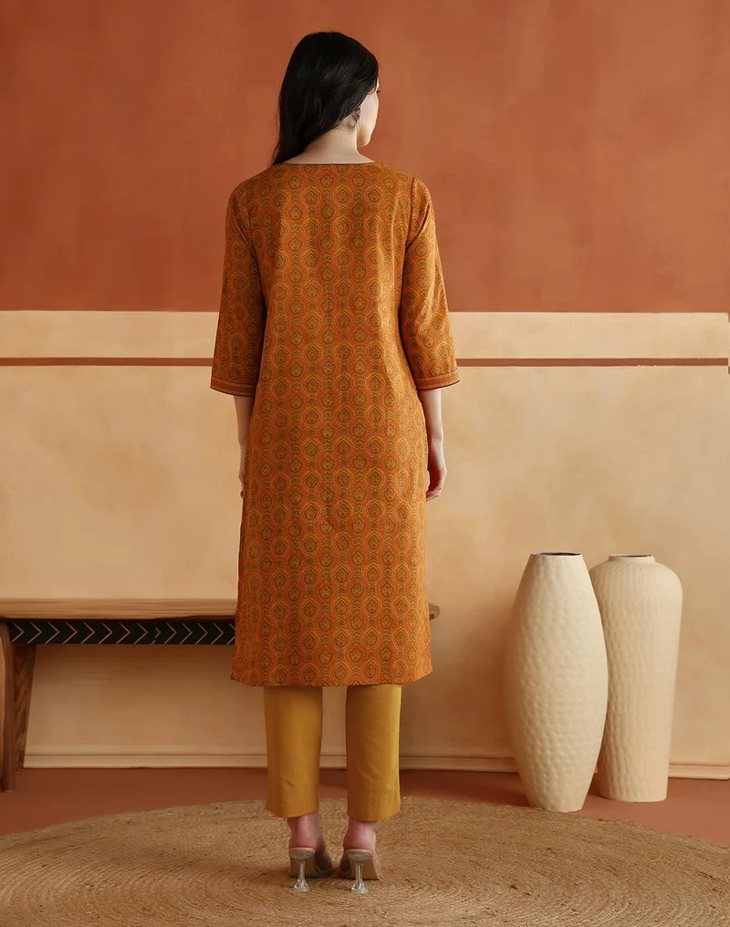 Fabindia  Avni Mustard Cotton Printed Abstract Kurta & Pant Set for Women | Best Price UAE