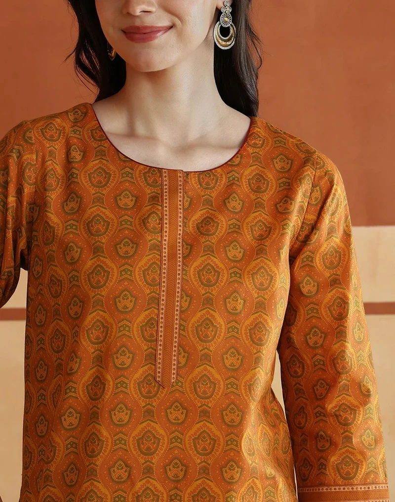 Fabindia  Avni Mustard Cotton Printed Abstract Kurta & Pant Set for Women | Best Price UAE