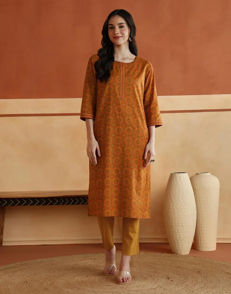 Fabindia  Avni Mustard Cotton Printed Abstract Kurta & Pant Set for Women | Best Price UAE