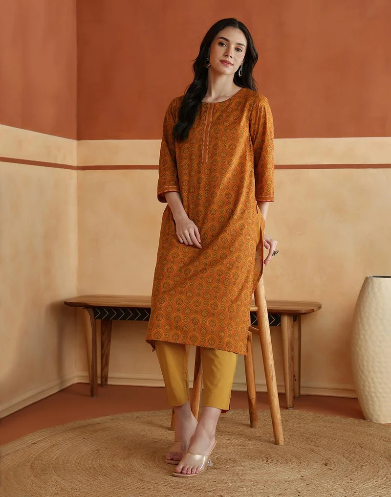 Avni Mustard Cotton Printed Abstract Kurta & Pant Set