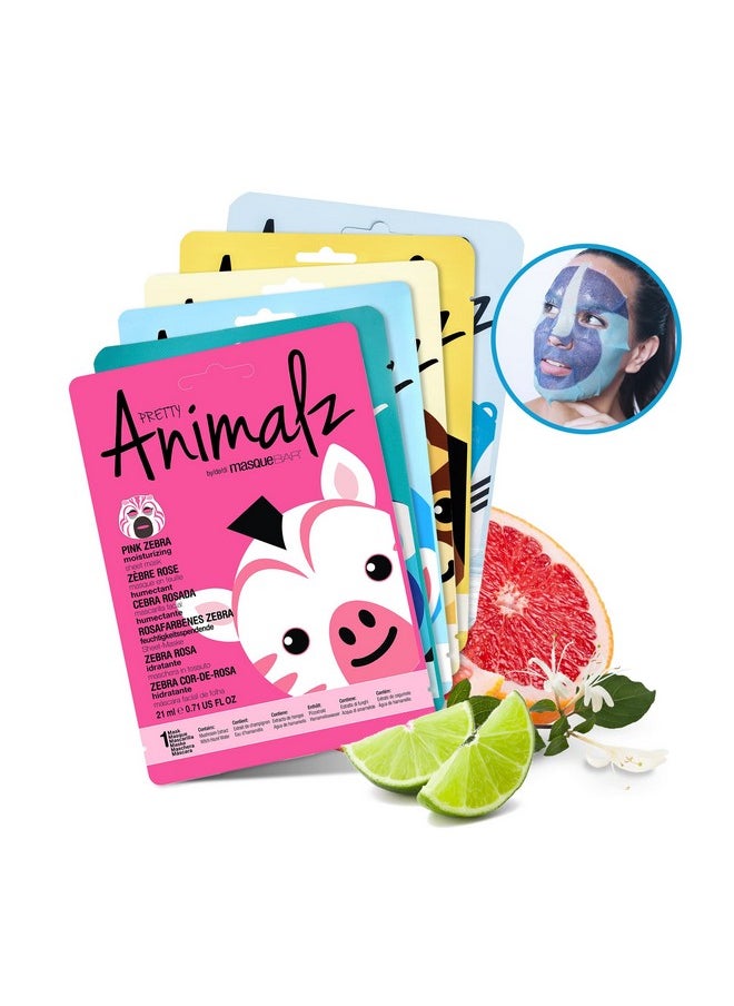 ماسك بار - قناع الوجه Pretty Animalz، أقنعة ورقية ممتعة وفريدة من نوعها بطبعات شخصيات حيوانية، قناع كوري مرطب ومهدئ للوجه، للعناية بالبشرة المغذية والمقشرة، عبوة من 6 قطع - Image 1