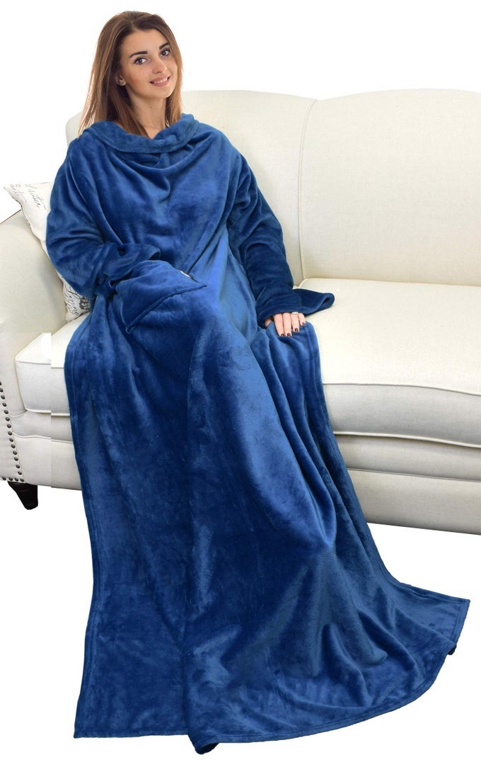 WEARABLE BLANKET WITH SLEEVES AND POCKET COZY SOFT FLEECE MINK MICRO PLUSH WRAP THROWS BLANKET ROBE FOR WOMEN AND MEN