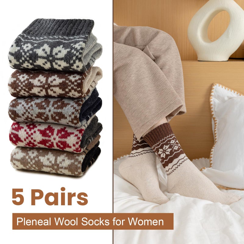 Pleneal Wool Socks for Women - 5 Pairs Womens Winter Wool Socks, Warm Winter Sock for Women Men Vintage Crew Sock Casual - Image 3