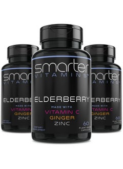 SmarterVitamins (3 Pack) Smarter Elderberry Capsules + Vitamin C + Ginger & Zinc Herbal Supplement For Immune Support Powerful Black Elder Berry Extract Antioxidant Vitamin 180 Vegan Pills  - Image 1
