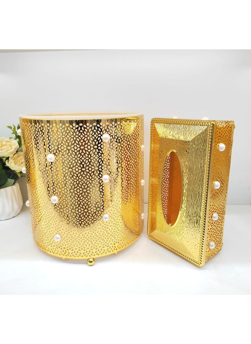 Generic Dustbin and Tisse Box Set Gold Dustbin With Tissue Box handmade beautifull White decoration by Damanhoor 