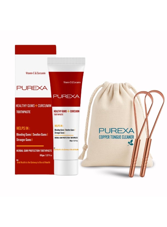 PUREXA Herbal Gum Protection Combo | 1 Healthy Gums Curcumin Toothpaste (100g) with 4 Q-Shape Tongue Cleaners | Ayurvedic Oral Care Kit for Fresh Breath & Daily Mouth Hygiene - Image 1