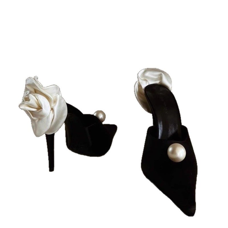 French Pointed Toe Black Suede Pearl Heeled Sandals for Women - Image 5