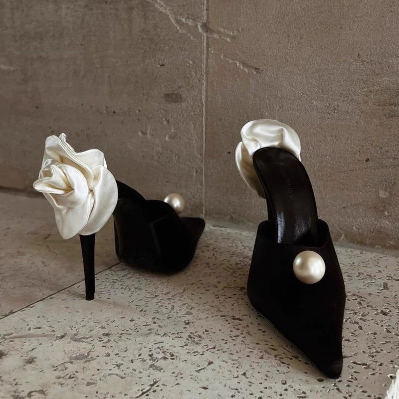 French Pointed Toe Black Suede Pearl Heeled Sandals for Women - Image 3