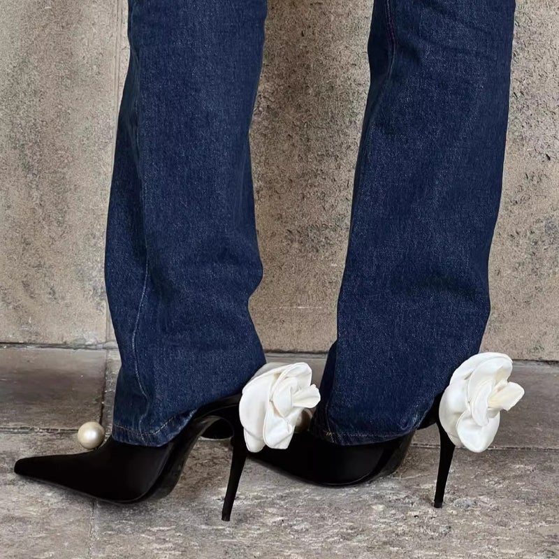 French Pointed Toe Black Suede Pearl Heeled Sandals for Women - Image 4