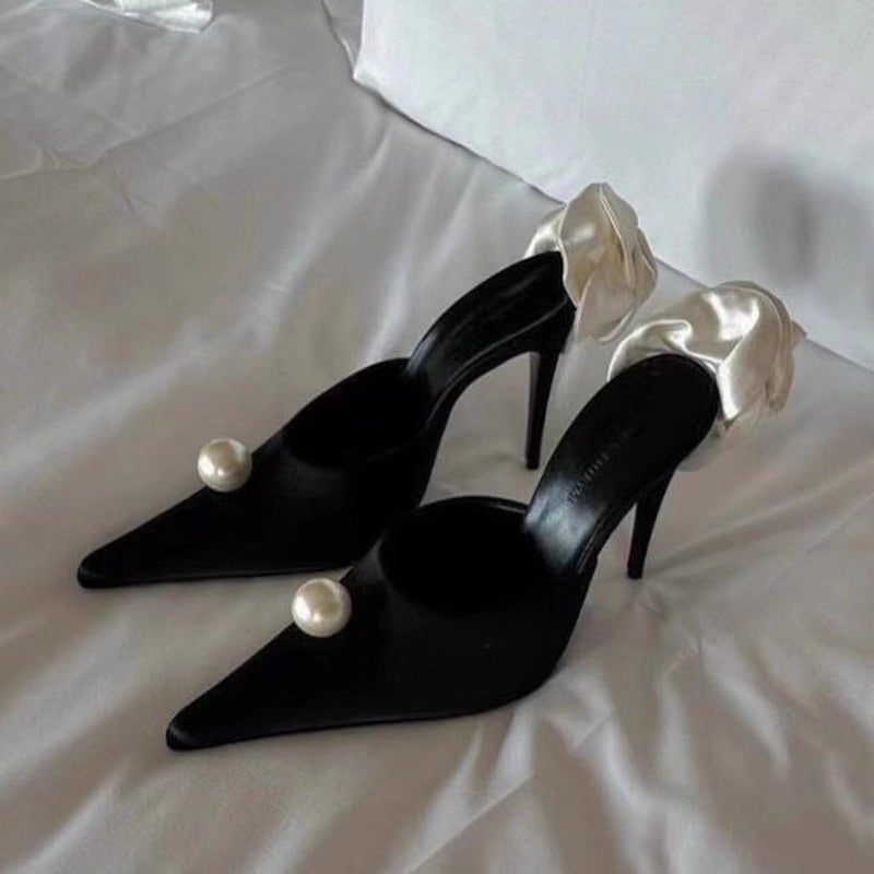 French Pointed Toe Black Suede Pearl Heeled Sandals for Women - Image 1