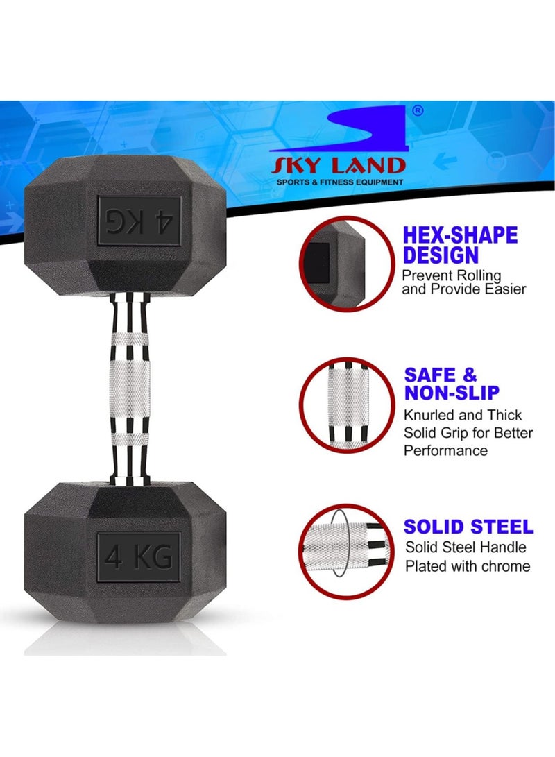 سكاي لاند دمبل سداسي من الحديد الزهر المطلي بالمطاط بوزن 4 كجم*2 للتمارين الاحترافية | دمبل يدوي ممتاز | معدات تدريب القوة | تمرين الجسم بالكامل - Image 4