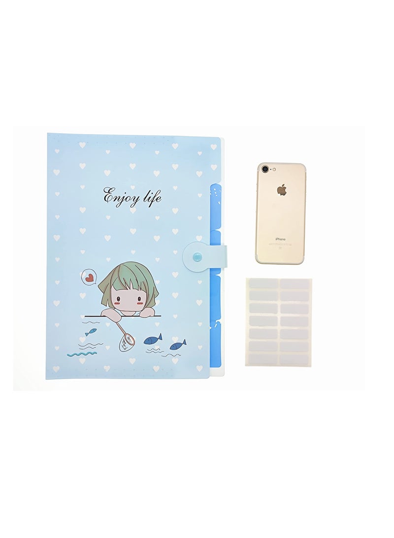 XiuWoo Folders, A4 Size 5 Pockets Cute Cartoon Pattern Plastic Expanding File Folders with 12sheets/168pcs Self-Adhesive Labels (2 Packs Blue+Pink) - Image 3