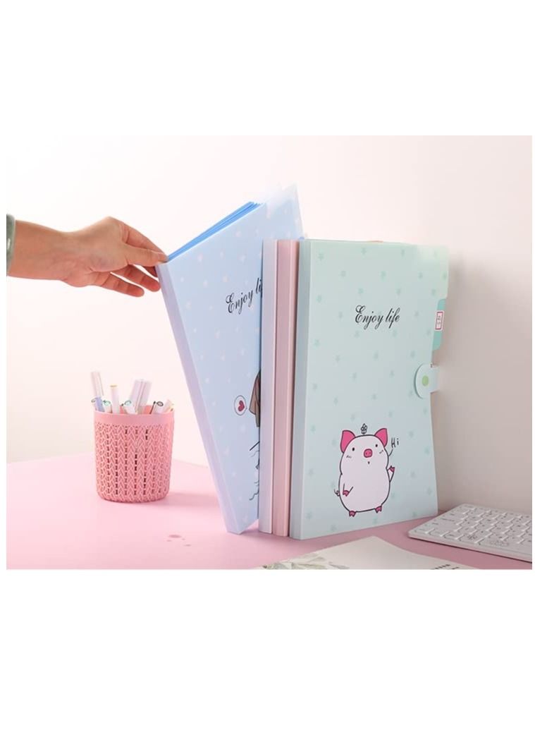 XiuWoo Folders, A4 Size 5 Pockets Cute Cartoon Pattern Plastic Expanding File Folders with 12sheets/168pcs Self-Adhesive Labels (2 Packs Blue+Pink) - Image 5