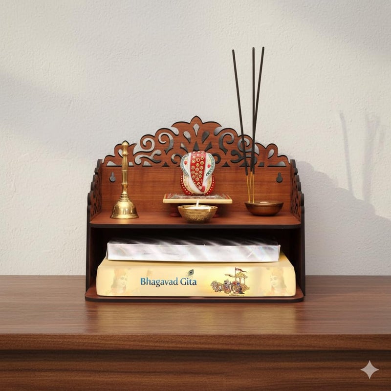 BerryBox Wood Hand Crafted Om Pattern Home Temple for Puja Temple for Home and Office l Puja Mandir l Wooden Mandir l Puja Shelve | Puja Stand (Design 6) - Image 1