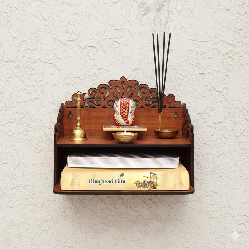 BerryBox Wood Hand Crafted Om Pattern Home Temple for Puja Temple for Home and Office l Puja Mandir l Wooden Mandir l Puja Shelve | Puja Stand (Design 6) - Image 3