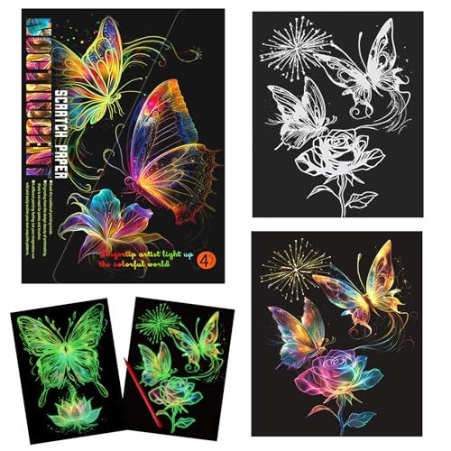 KSIWRE 4 Sheets Scratch Art for Adults TeensBeautiful Night View Scratch PaintingGlow in The Dark Rainbow Scratch PaperButterfly - Image 1