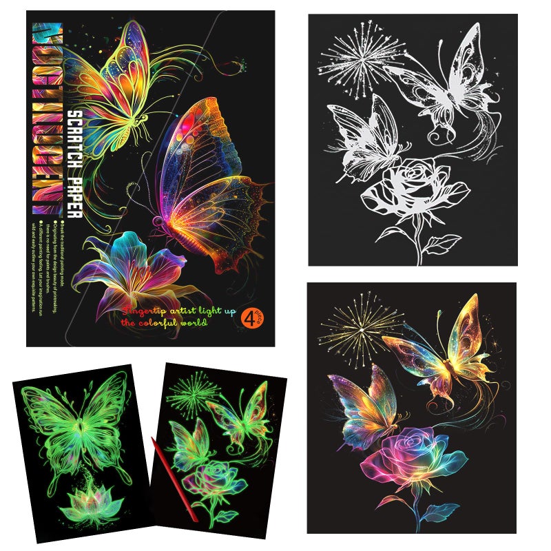 KSIWRE 4 Sheets Scratch Art for Adults TeensBeautiful Night View Scratch PaintingGlow in The Dark Rainbow Scratch PaperButterfly - Image 3