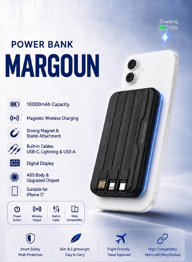 Magnetic Power Bank 10000mAh for iPhone 17 – MagSafe Compatible Portable Wireless Charger with Built-in Cables Type-C, Lightning, USB & Digital LED Display black