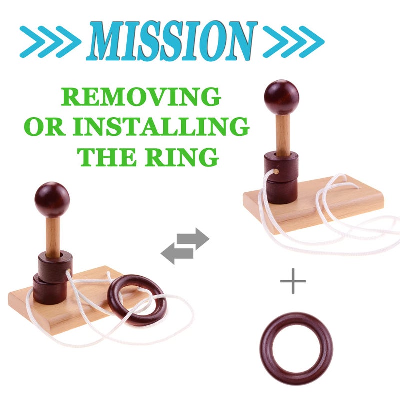 KINGOU 4 Pack Classic Wooden Rope Puzzle Set Ring Puzzles String Solution Central Brain Teaser for Adults/Kids Game - Image 3