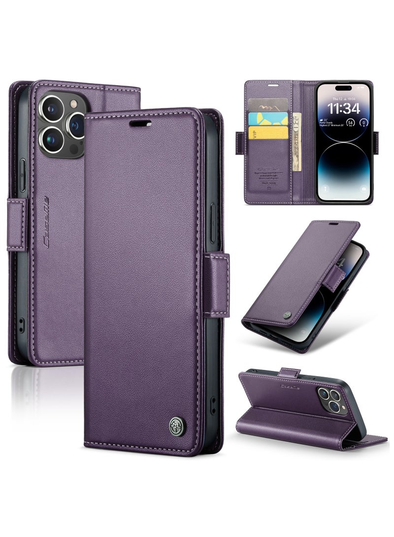 Flip Wallet Case for iPhone 14 Pro, Leather Magnetic Attachment Flip Case Purple - Image 1