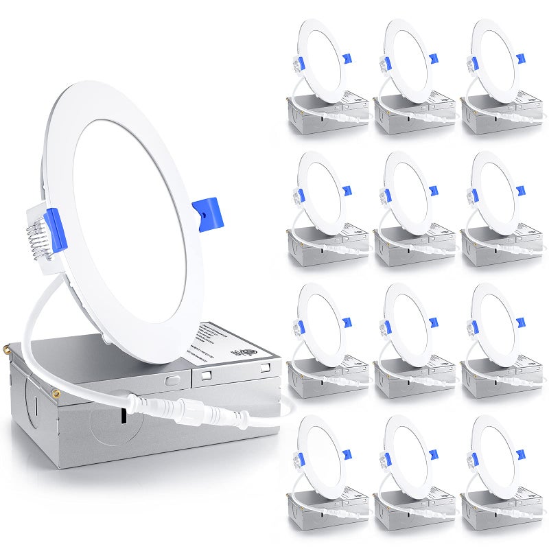 Ensenior 12 Pack 4 Inch LED Recessed Light Dimmable 5000K Daylight 750LM High Brightness 9W 120V Damp Rated ERL9XETL UltraThin Canless Wafer Light ETL FCC IC