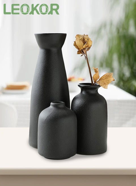 Black Ceramic Vases Set 3 for Farmhouse Home Decor, Modern Boho Small Vase, Vases for Dinner Table Party Living Room Office Bookshelf Entryway Bedroom Decor