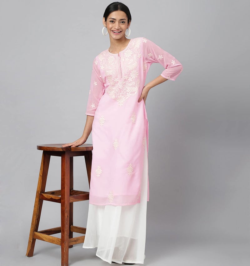 RATAN Women's Georgette Straight Lucknowi Chikankari Ethinic Wear Regular Fit Kurta (LKN-Pink-Medium) - Image 2
