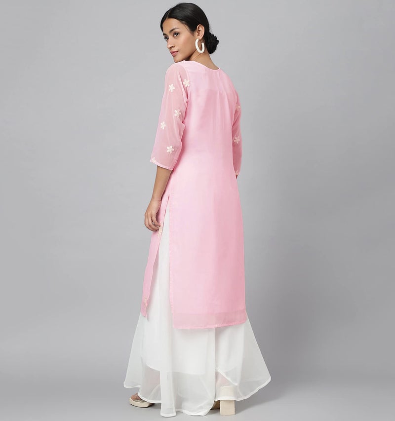 RATAN Women's Georgette Straight Lucknowi Chikankari Ethinic Wear Regular Fit Kurta (LKN-Pink-Medium) - Image 3