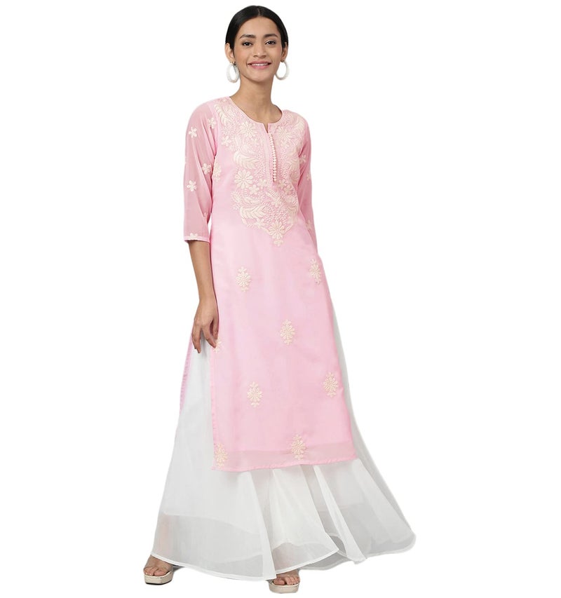RATAN Women's Georgette Straight Lucknowi Chikankari Ethinic Wear Regular Fit Kurta (LKN-Pink-Medium) - Image 5