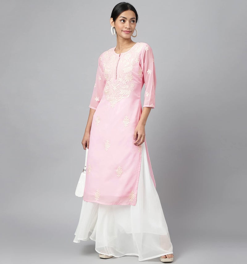 RATAN Women's Georgette Straight Lucknowi Chikankari Ethinic Wear Regular Fit Kurta (LKN-Pink-Medium) - Image 4
