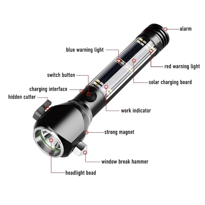 LIPSA ENTERPRISE LIPSA ENTERPRISE Aluminium 8 in 1 Mode Rechargeable Solar LED Torch Flashlight Use for Car Emergency Torch LED Tactical Flashlight for CampingHikingNight Walking  - Image 2