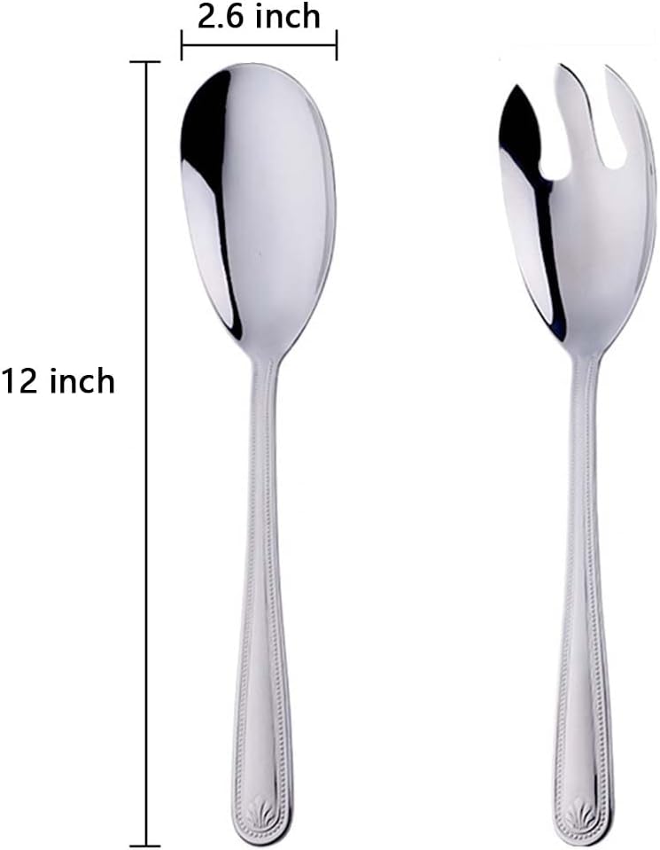 MBBITL Large 12" Salad Servers Set Serving Spoon Spork 18/10 Stainless Steel - Silver - Image 1