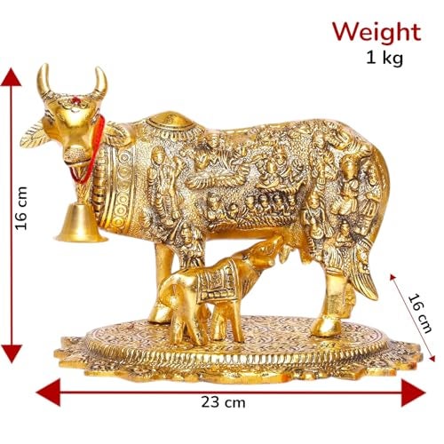 KridayKraft Gold Plated Kamdhenu Cow with Calf Metal Statue for Good Luck Feng Shui & Vastu Showpiece As Table Top Religious Idol Gau MATA for Home Office Decorative,Animal Showpiece - Image 3